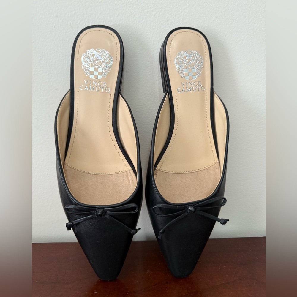 Vince Camuto Black Pointed Toe Bow Slip-On Mules